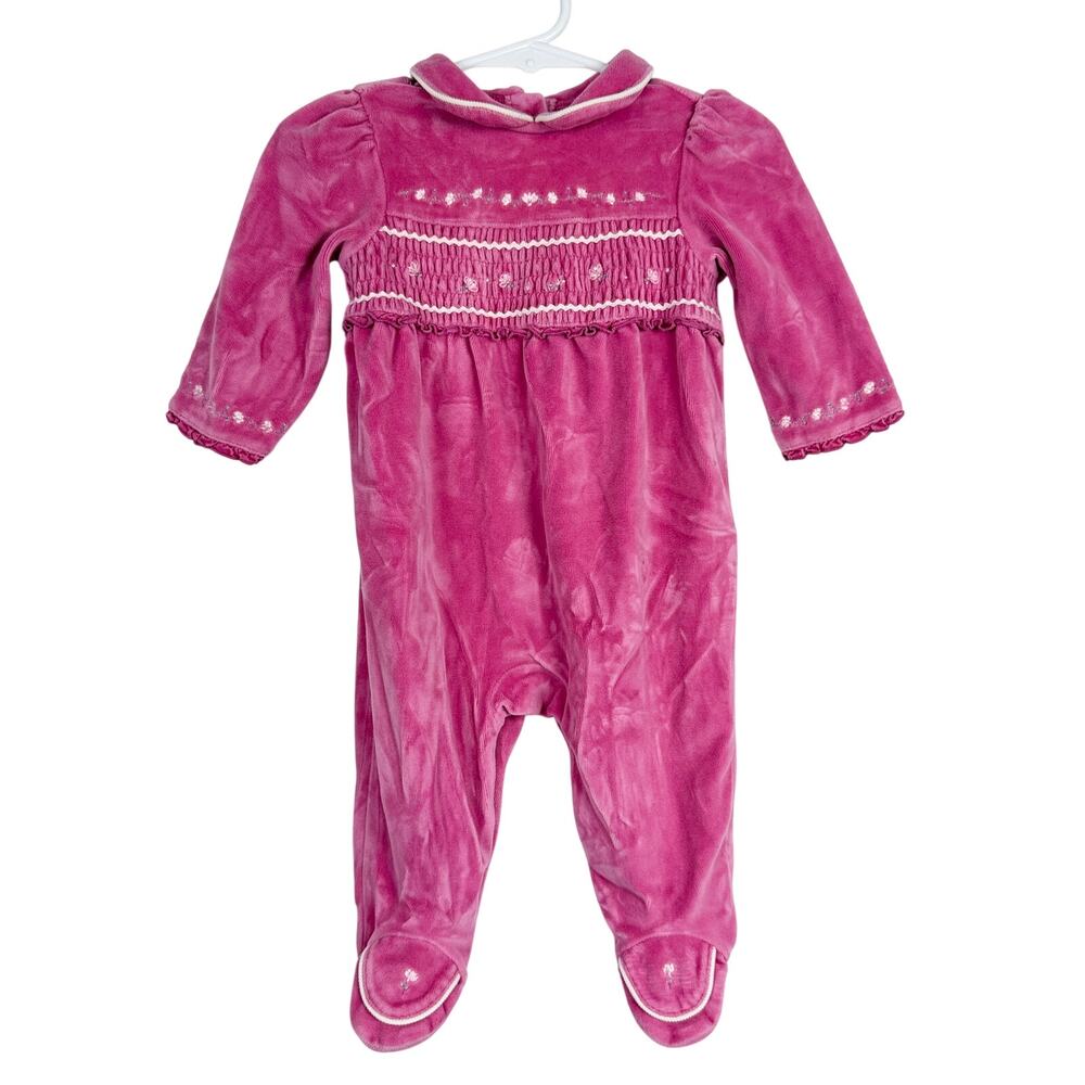 Vtg 90s First Impression Velvet Footed Jumpsuit Pink Smocked Flower - 3-6 Months
